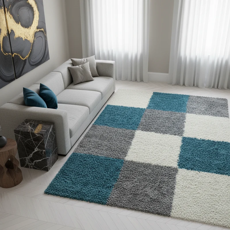 Shaggy Hochflor-Teppich Karo – Waschbar & Flauschig | 3,00 cm Florhöhe für Barfußkomfort