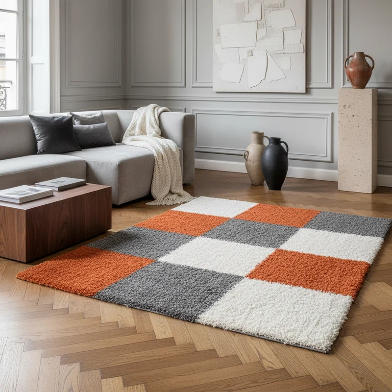 Shaggy Hochflor-Teppich Karo – Waschbar & Flauschig | 3,00 cm Florhöhe für Barfußkomfort