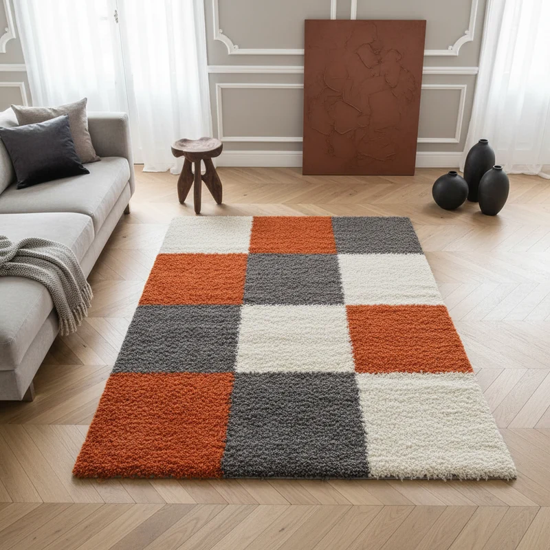 Shaggy Hochflor-Teppich Karo – Waschbar & Flauschig | 3,00 cm Florhöhe für Barfußkomfort