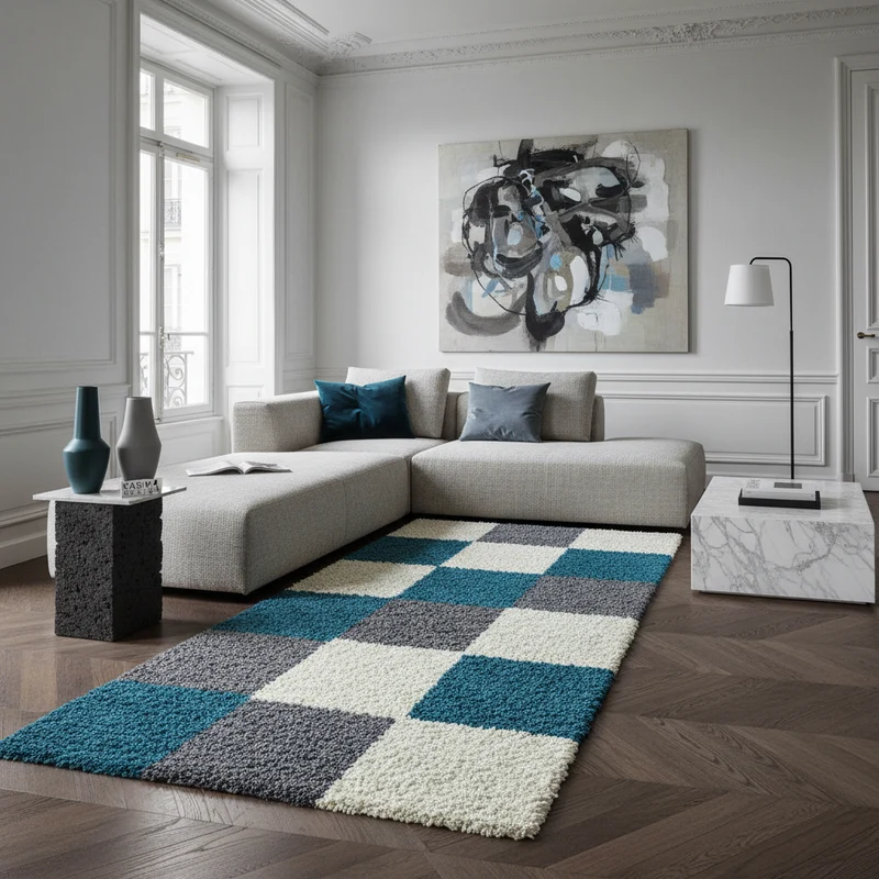 Shaggy Hochflor-Teppich Karo – Waschbar & Flauschig | 3,00 cm Florhöhe für Barfußkomfort