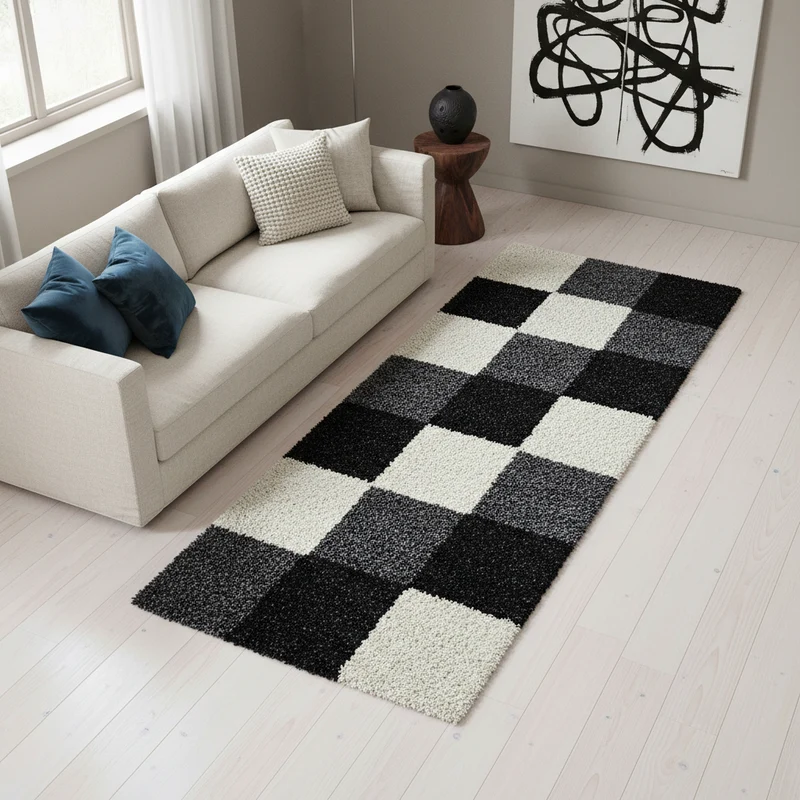 Shaggy Hochflor-Teppich Karo – Waschbar & Flauschig | 3,00 cm Florhöhe für Barfußkomfort
