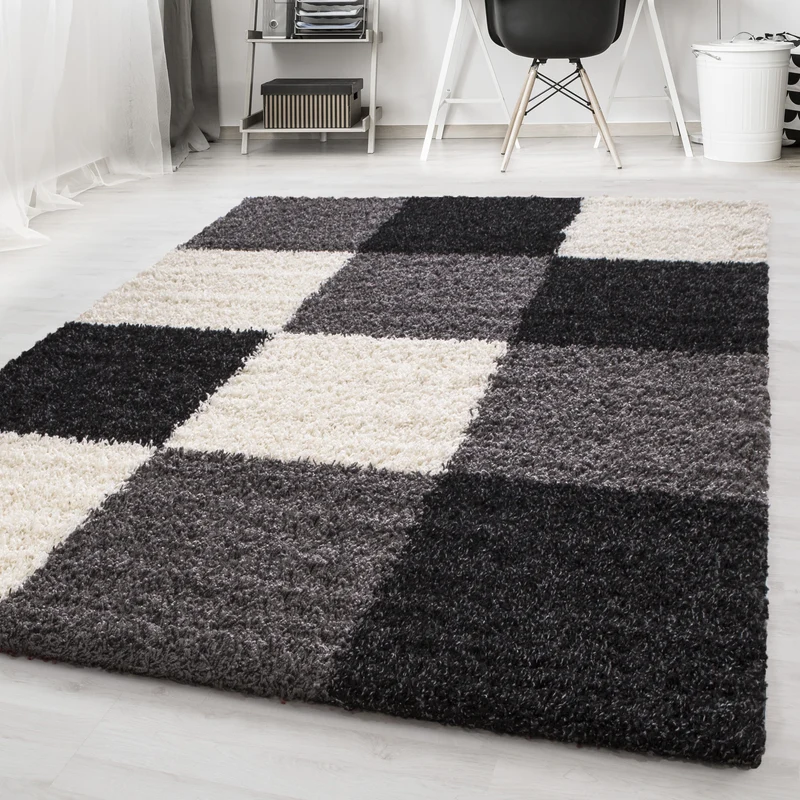 Shaggy Hochflor-Teppich Karo – Waschbar & Flauschig | 3,00 cm Florhöhe für Barfußkomfort