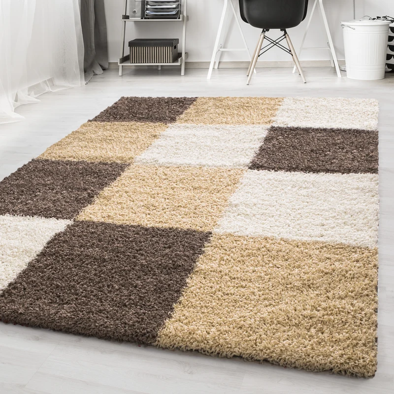 Shaggy Hochflor-Teppich Karo – Waschbar & Flauschig | 3,00 cm Florhöhe für Barfußkomfort