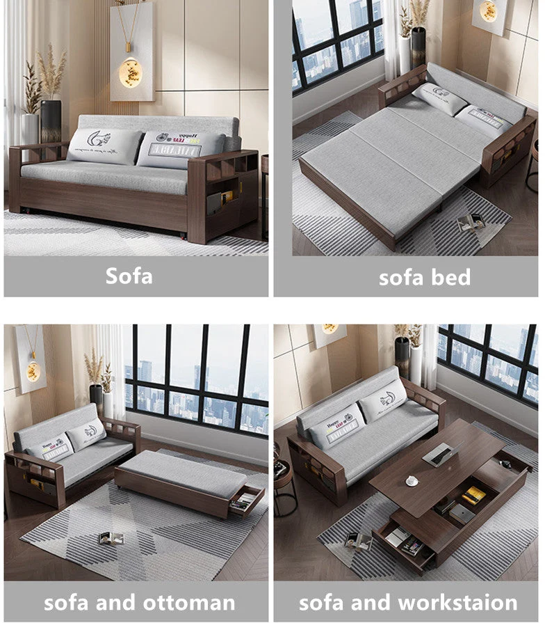 Multifunktionales und platzsparendes faltbares und erweiterbares Sofa mit anhebbarem Couchtisch