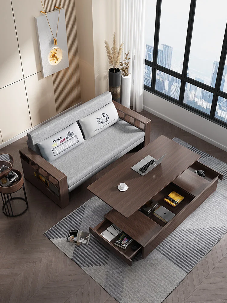 Multifunktionales und platzsparendes faltbares und erweiterbares Sofa mit anhebbarem Couchtisch