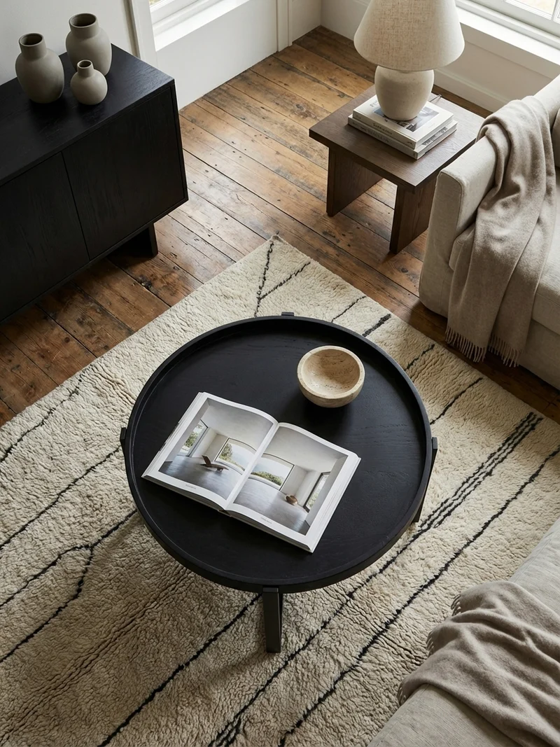 Couchtisch Schwarz Mango Massivholz Metall, Rund mit erhöhtem Rand, 60x60x35 cm