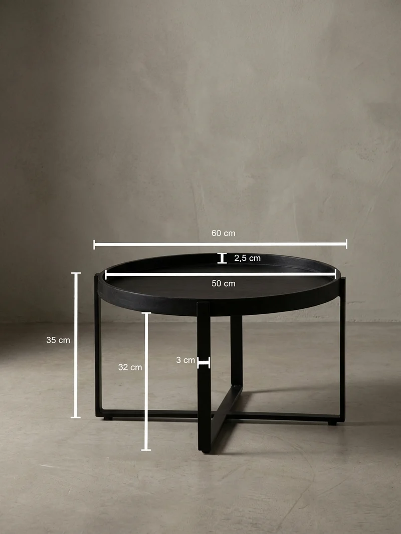 Couchtisch Schwarz Mango Massivholz Metall, Rund mit erhöhtem Rand, 60x60x35 cm