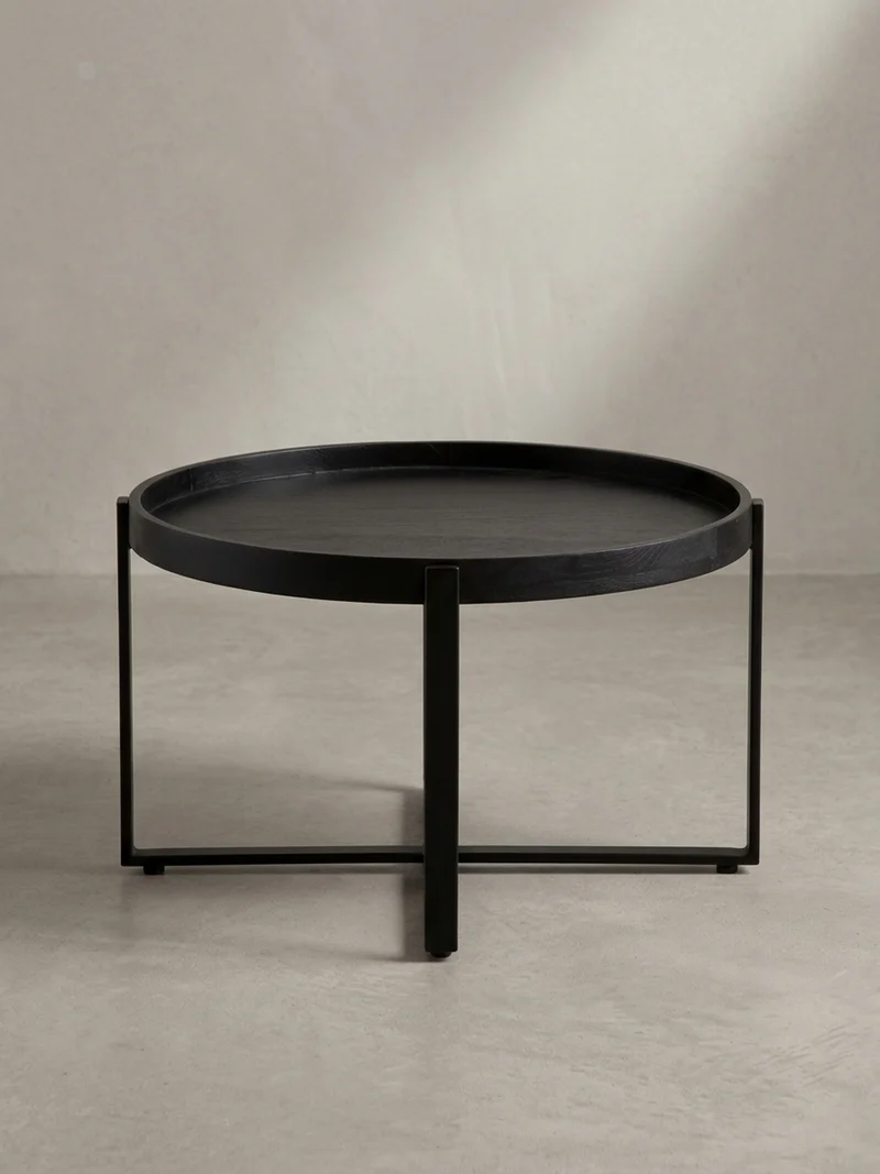 Couchtisch Schwarz Mango Massivholz Metall, Rund mit erhöhtem Rand, 60x60x35 cm