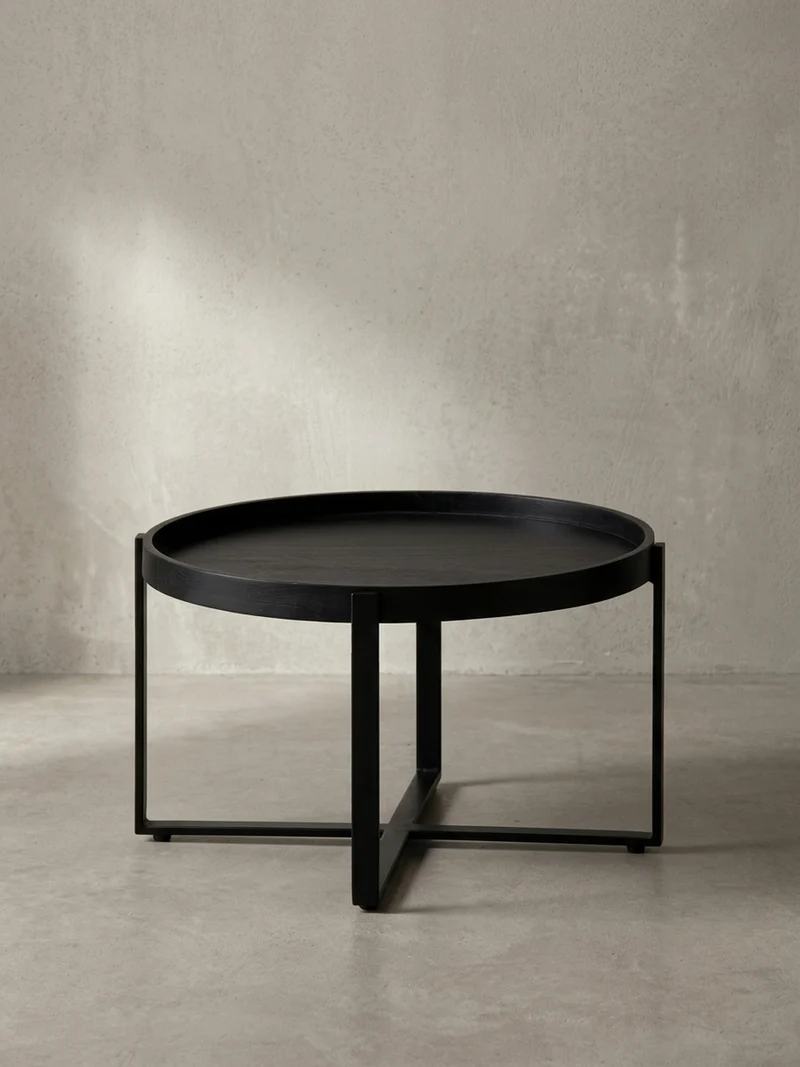 Couchtisch Schwarz Mango Massivholz Metall, Rund mit erhöhtem Rand, 60x60x35 cm