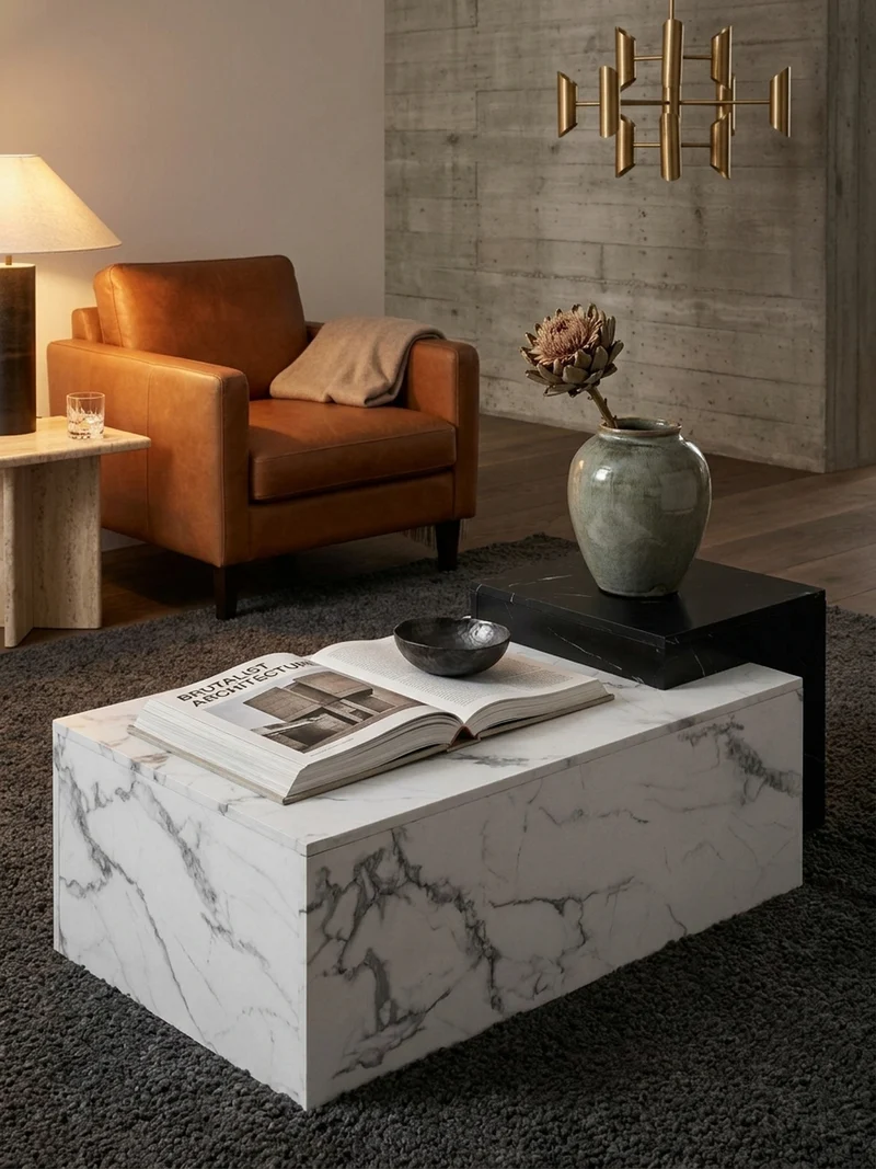 Couchtisch Weiß Schwarz Marmor-Optik Modern 120x60x40 cm Zwei Ebenen