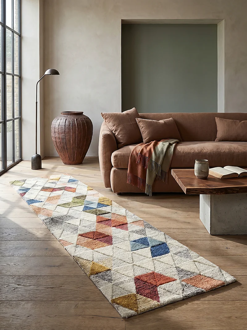 Getufteter Wollteppich Dreiecksmosaik · 100 % Wolle · 10 mm Kurzflor