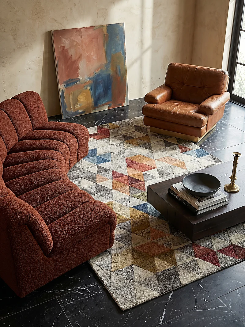 Getufteter Wollteppich Dreiecksmosaik · 100 % Wolle · 10 mm Kurzflor