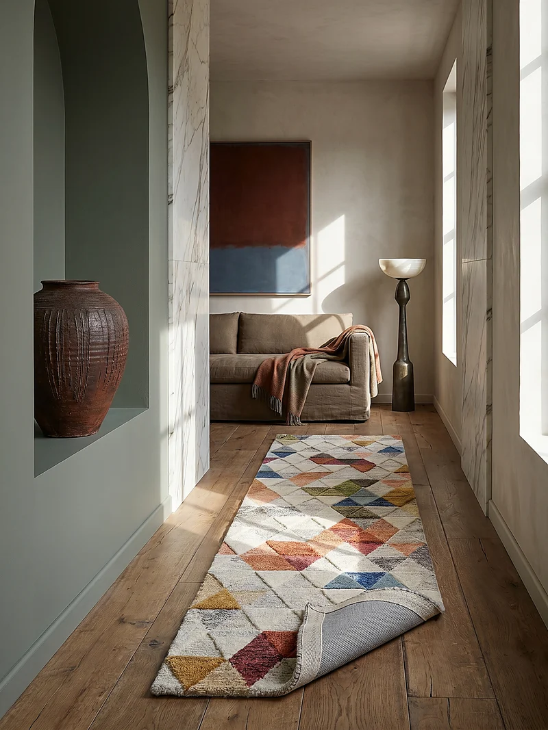 Getufteter Wollteppich Dreiecksmosaik · 100 % Wolle · 10 mm Kurzflor