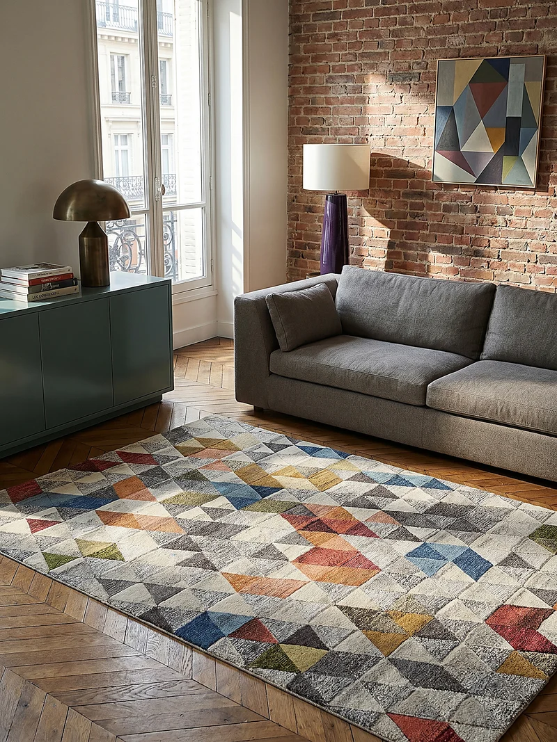 Getufteter Wollteppich Dreiecksmosaik · 100 % Wolle · 10 mm Kurzflor