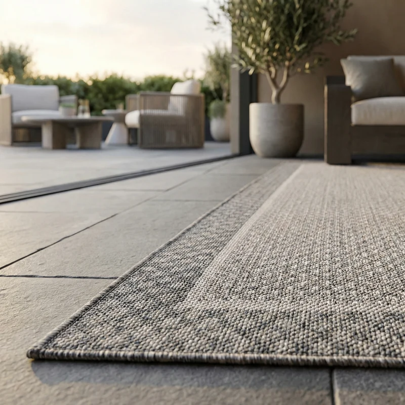 Outdoor-Teppich mit Karo-Bordüre – Waschbar, Wetterfest & Strapazierfähig für Balkon