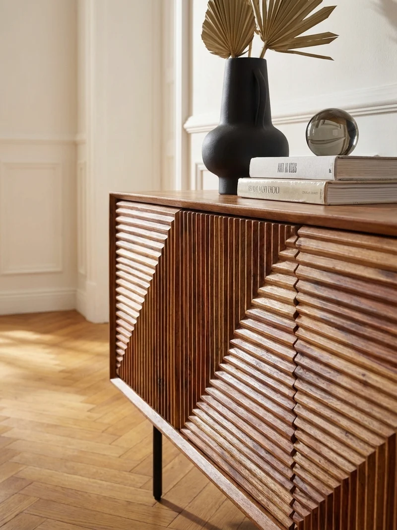 Lowboard Massivholz Modern Stil Modell Spectrum mit 3D-Oberfläche und Edelstahl-Gestell