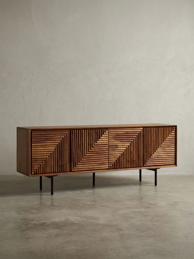 Lowboard Massivholz Modern Stil Modell Spectrum mit 3D-Oberfläche und Edelstahl-Gestell