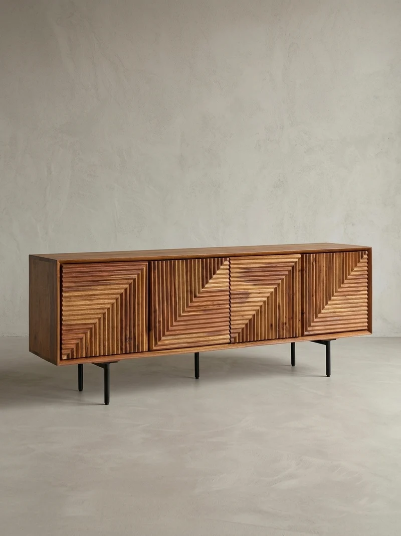 Lowboard Massivholz Modern Stil Modell Spectrum mit 3D-Oberfläche und Edelstahl-Gestell