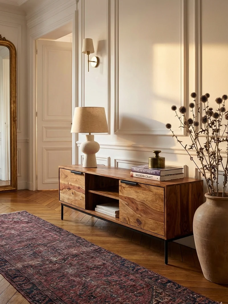 Lowboard Massivholz Landhausstil für 60-Zoll Fernseher mit offenen Fächern