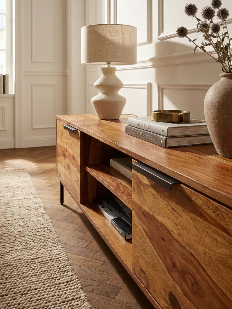 Lowboard Massivholz Landhausstil für 60-Zoll Fernseher mit offenen Fächern