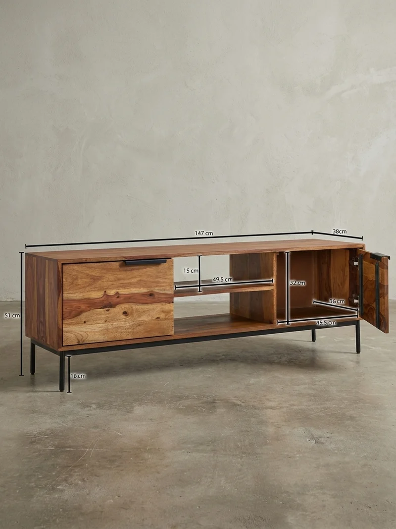Lowboard Massivholz Landhausstil für 60-Zoll Fernseher mit offenen Fächern