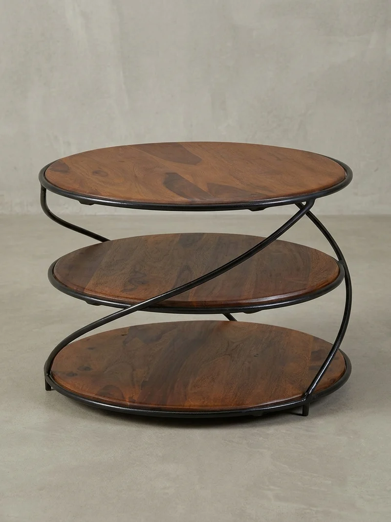 Couchtisch aus Sheesham-Massivholz, 58x58 cm, mit 3 Ablageflächen und außergewöhnlichem Design