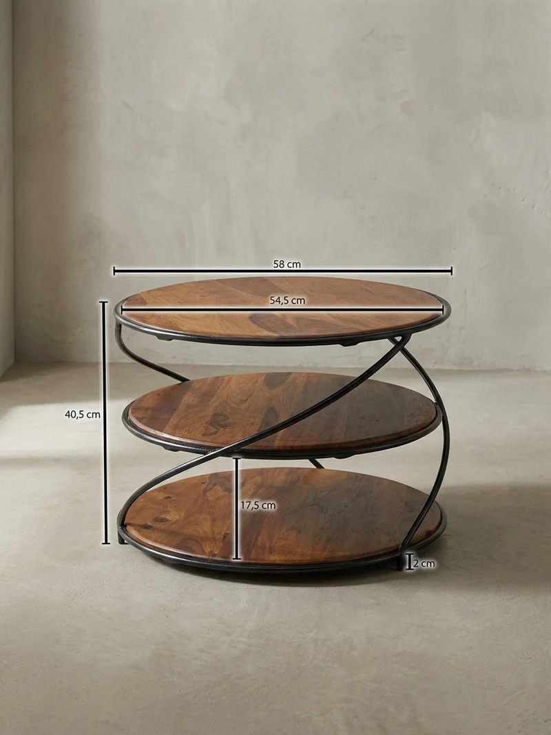 Couchtisch aus Sheesham-Massivholz, 58x58 cm, mit 3 Ablageflächen und außergewöhnlichem Design