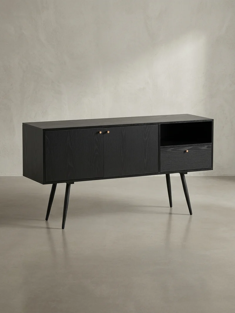 Sideboard – Schwarz/Eiche-Dekor, 140x75x40 cm, mit 2 Türen, Schublade, offenes Fach
