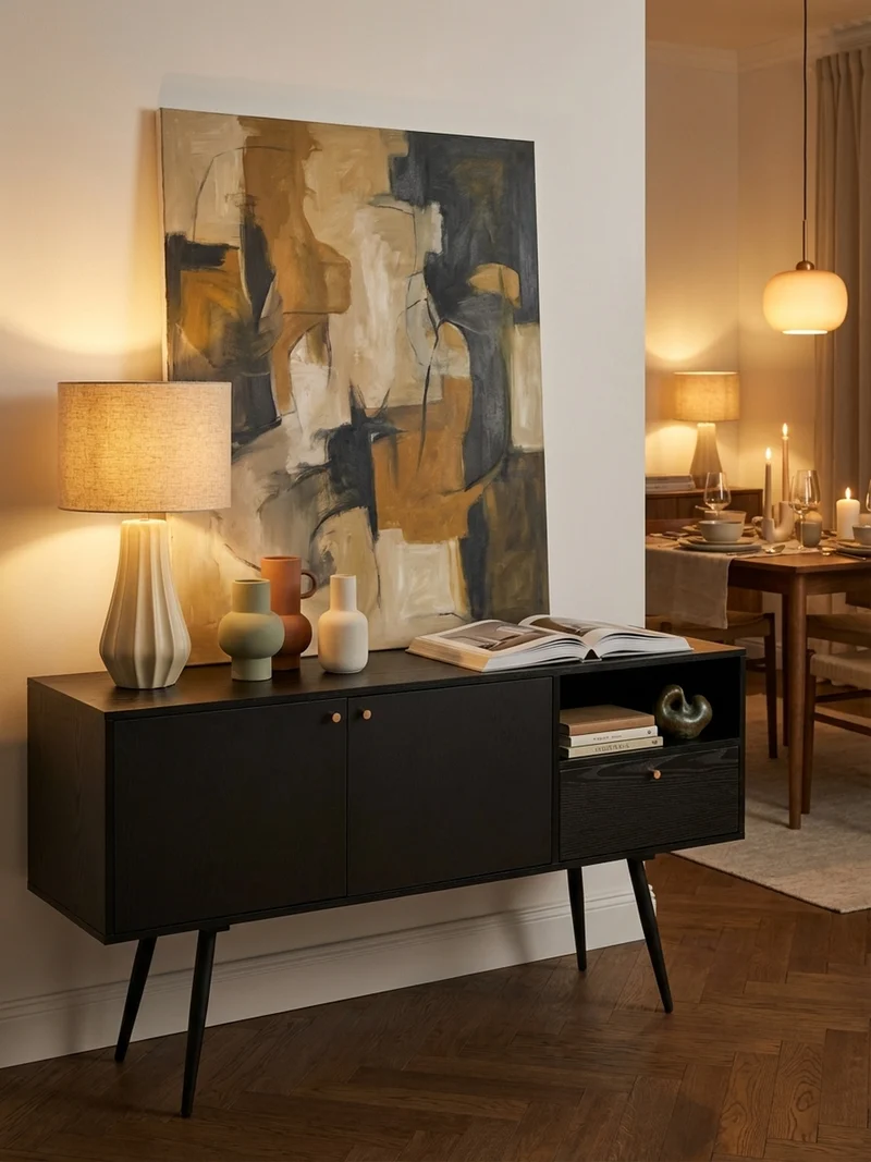 Sideboard – Schwarz/Eiche-Dekor, 140x75x40 cm, mit 2 Türen, Schublade, offenes Fach