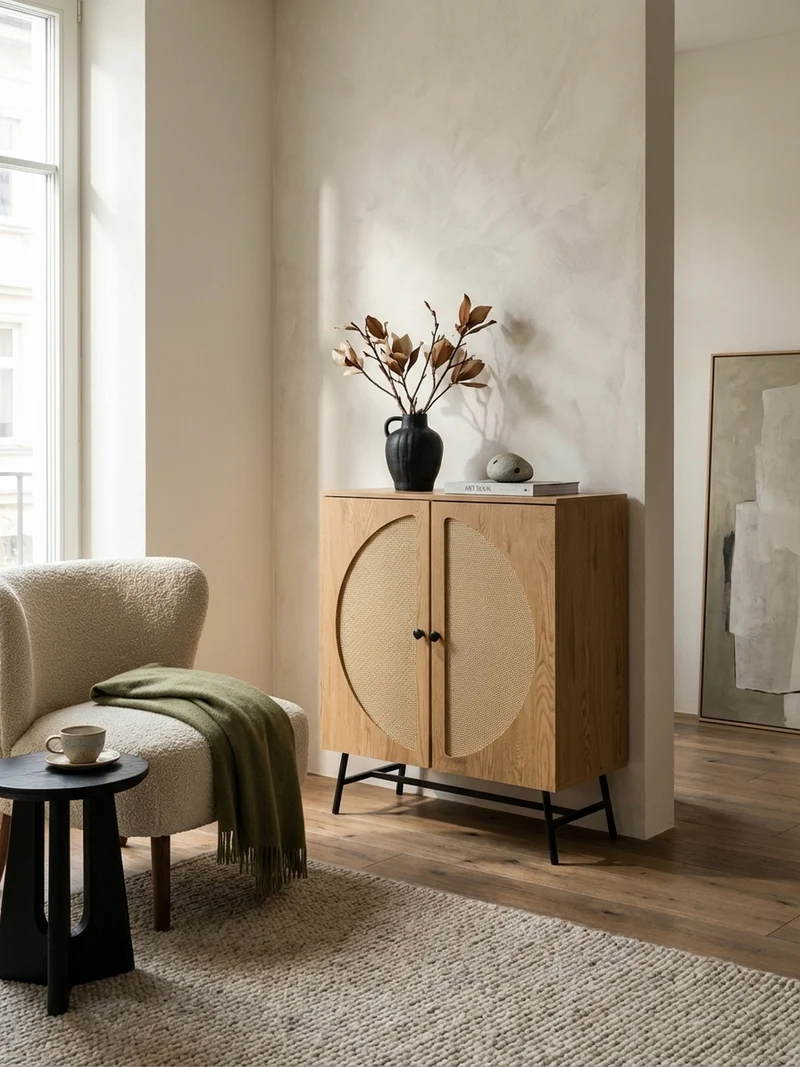 Sideboard – Eiche-Dekor/Rattan, 80x103x39 cm, 2 Türen, hoch