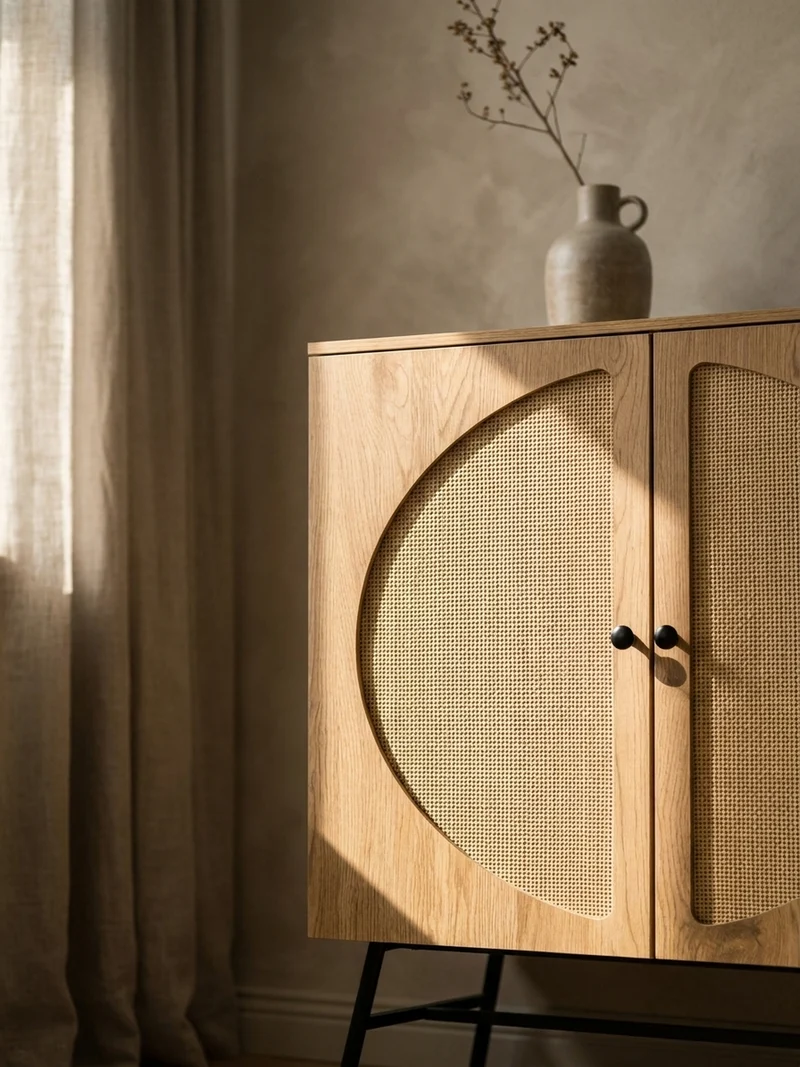 Sideboard – Eiche-Dekor/Rattan, 80x103x39 cm, 2 Türen, hoch