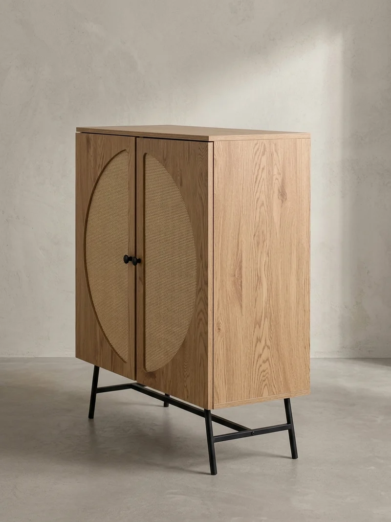 Sideboard – Eiche-Dekor/Rattan, 80x103x39 cm, 2 Türen, hoch