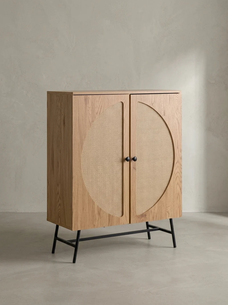 Sideboard – Eiche-Dekor/Rattan, 80x103x39 cm, 2 Türen, hoch