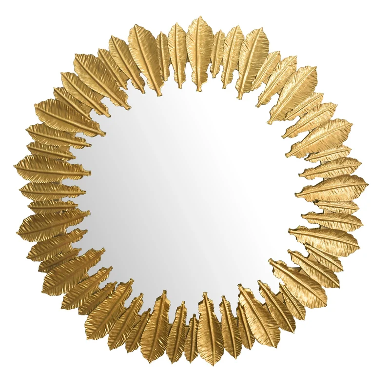 Wandspiegel Rund Metall Gold 68 cm Federn-Design