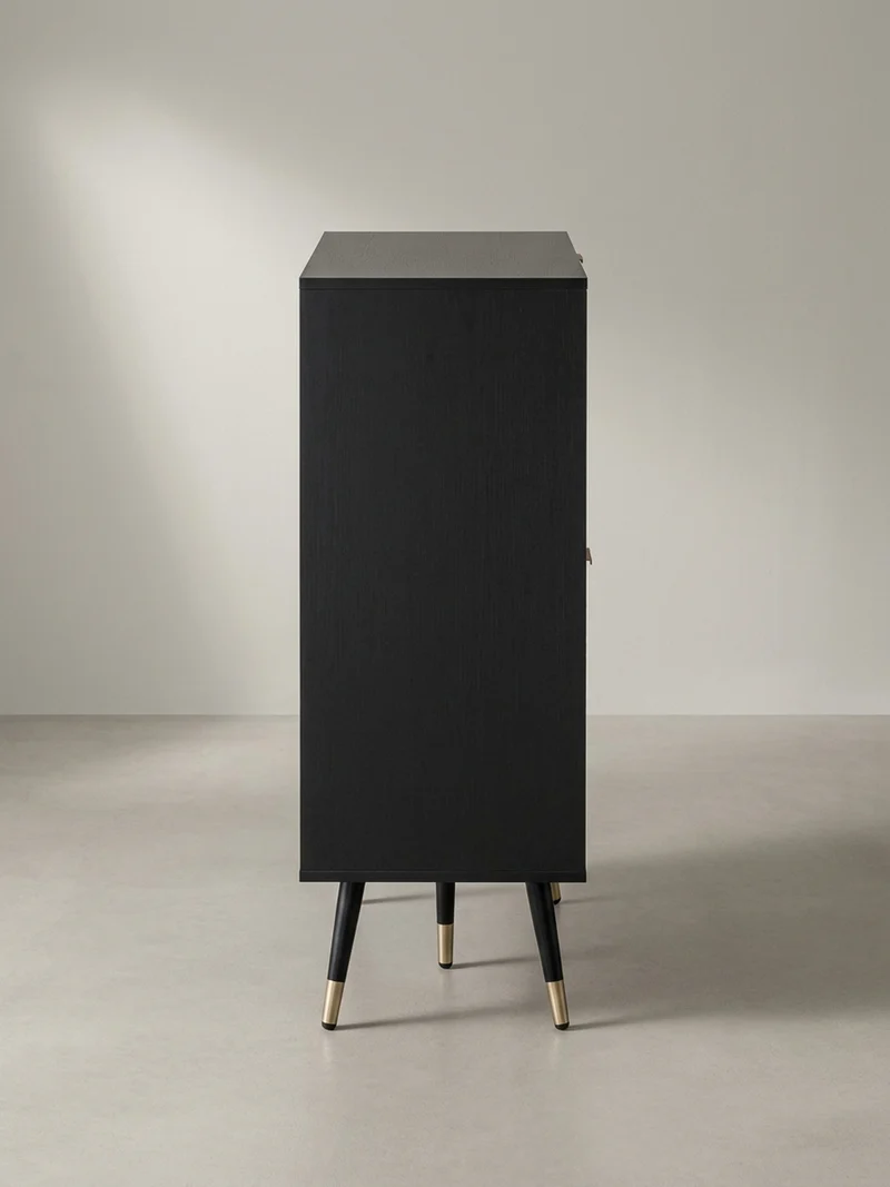 Sideboard – Schwarz/Eiche-Dekor, 77x97x40 cm, mit Türen, Schubladen, Regal, Metallbeine