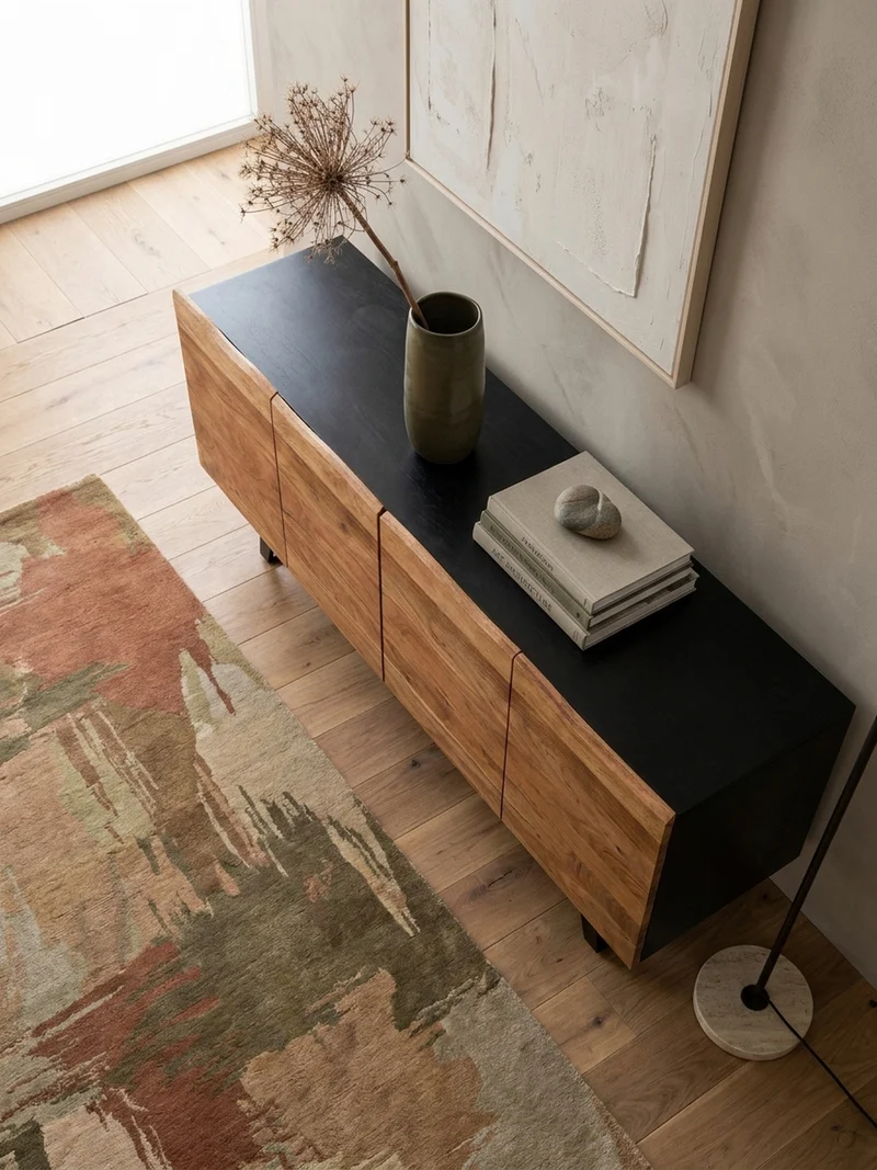Sideboard – Akazie Massivholz, 180x75x45 cm, mit Baumkante, Türen, Metallbeine