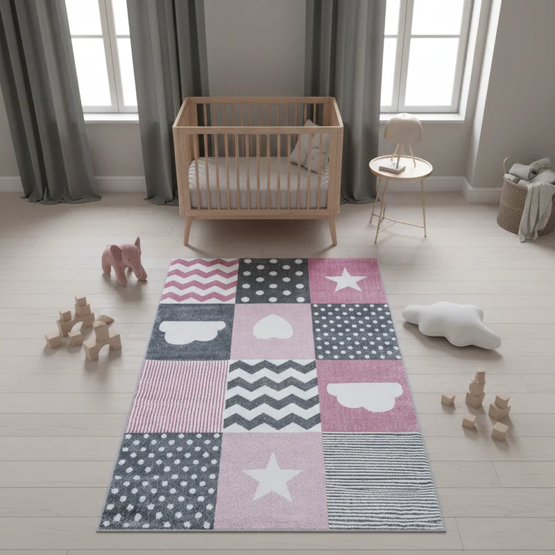 Kinderteppich Herzen & Sterne – Waschbar & Strapazierfähig für Kinderzimmer