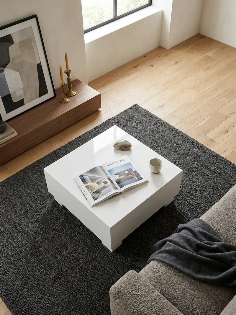 Couchtisch in Würfelform, Weiß Hochglanz, 60x60x35 cm, modernes Design