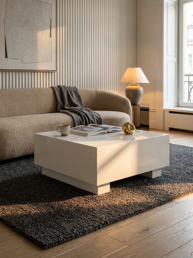 Couchtisch in Würfelform, Weiß Hochglanz, 60x60x35 cm, modernes Design