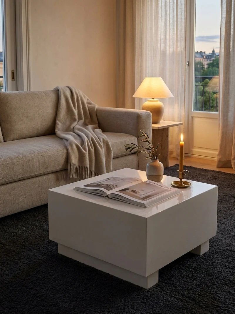 Couchtisch in Würfelform, Weiß Hochglanz, 60x60x35 cm, modernes Design