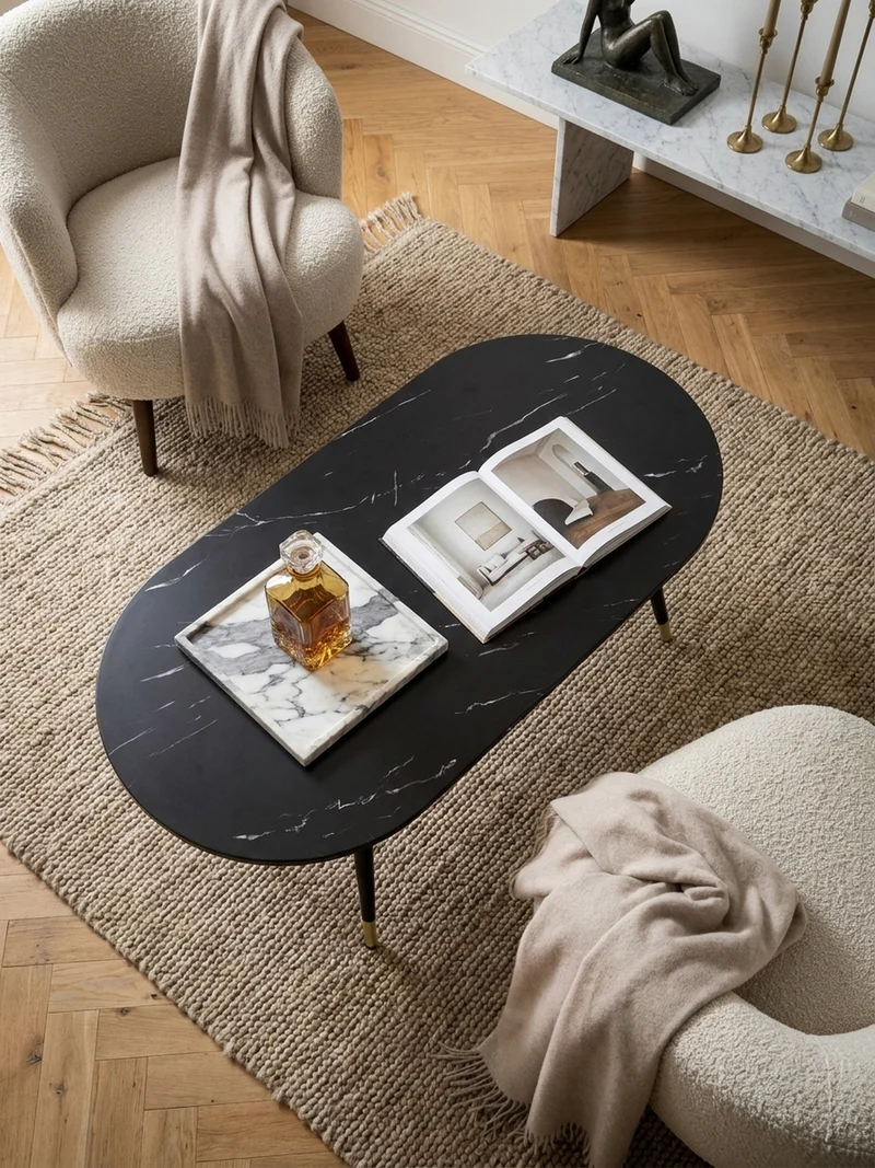 Couchtisch oval in Marmor-Optik – mit Metallgestell im modernen Design