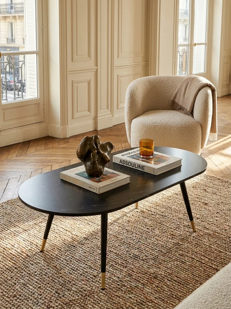 Couchtisch oval in Marmor-Optik – mit Metallgestell im modernen Design