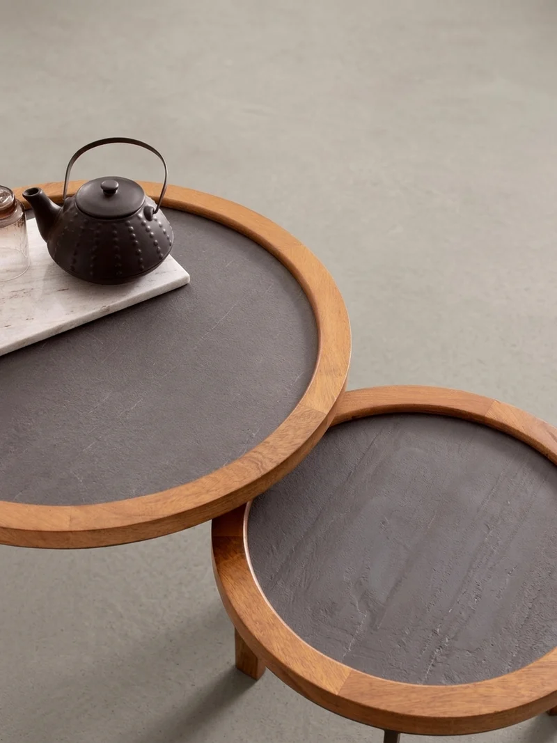Couchtisch Set – 2-teilig Rund Mango Massivholz Steinoptik Metall Braun Anthrazit