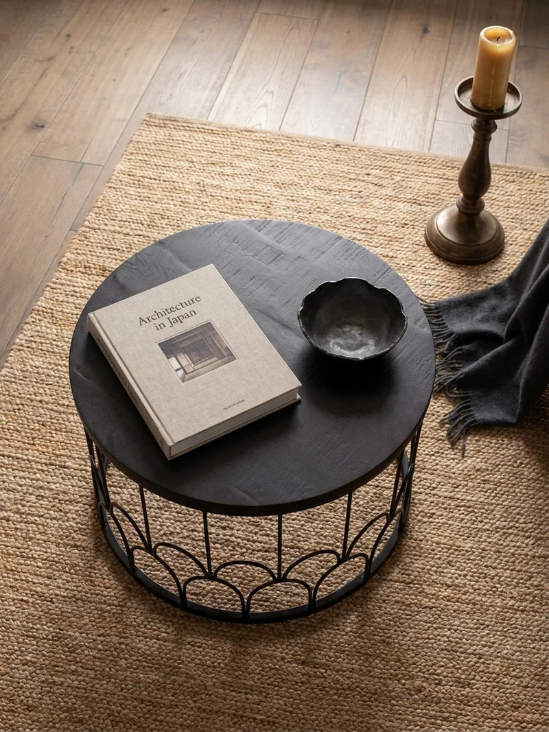 Couchtisch Rund in Schwarz aus Mango Massivholz mit Metallgestell, 60x60x36cm, Industrial Design