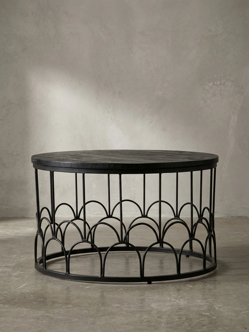 Couchtisch Rund in Schwarz aus Mango Massivholz mit Metallgestell, 60x60x36cm, Industrial Design
