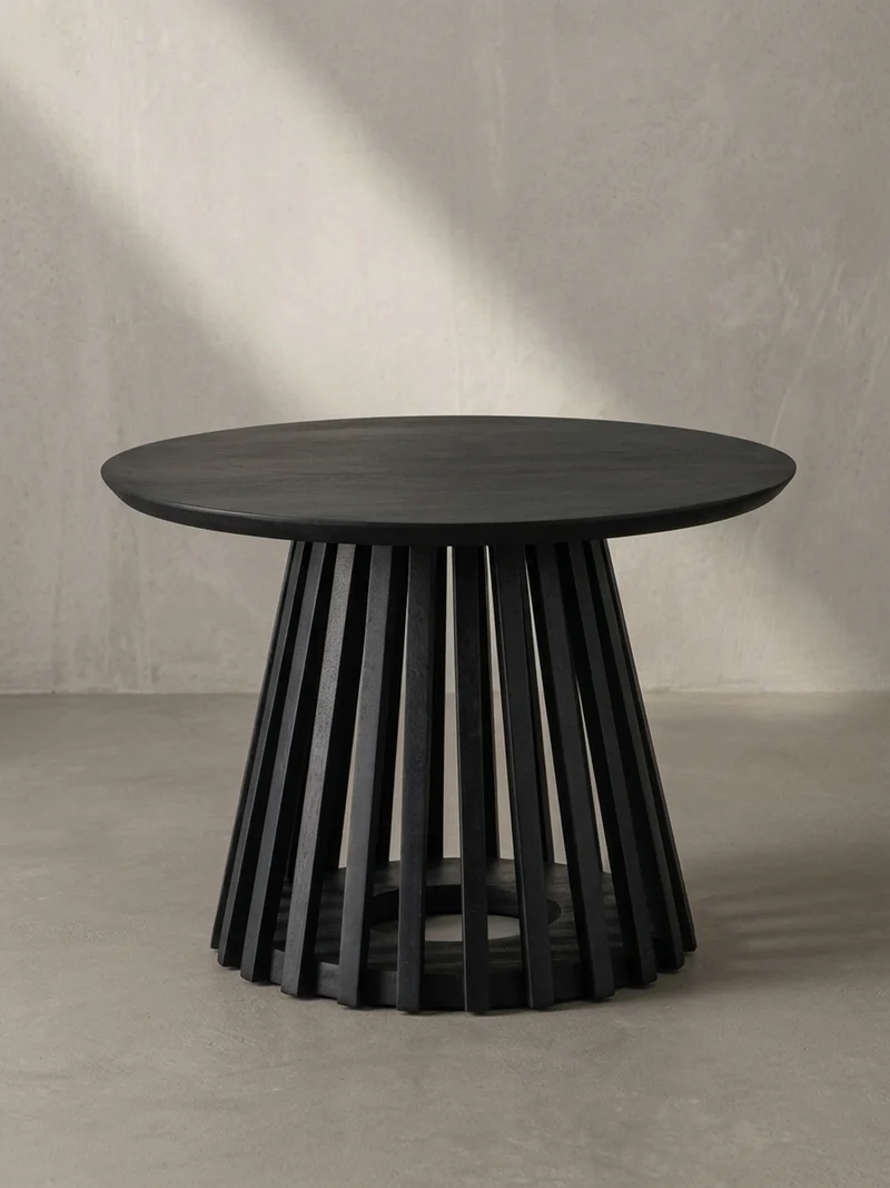 Couchtisch Schwarz Massivholz Mango Rund 60x60x41 cm mit Gittergestell Modern