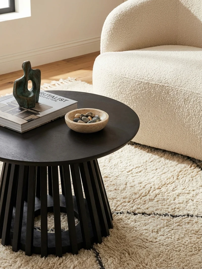 Couchtisch Schwarz Massivholz Mango Rund 60x60x41 cm mit Gittergestell Modern