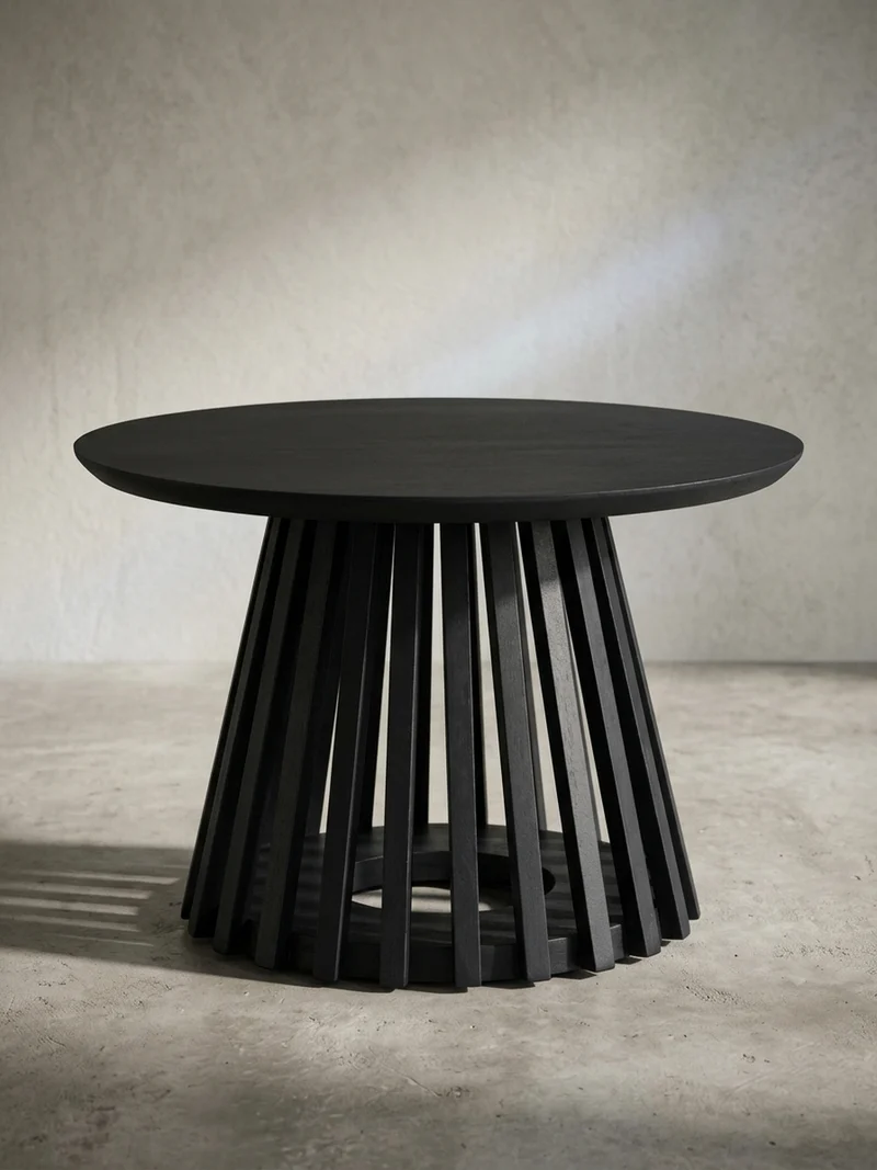 Couchtisch Schwarz Massivholz Mango Rund 60x60x41 cm mit Gittergestell Modern