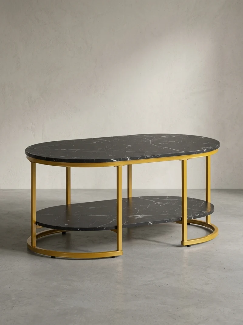 Couchtisch mit Marmor Optik, rechteckig, Ablage, goldenes Metallgestell