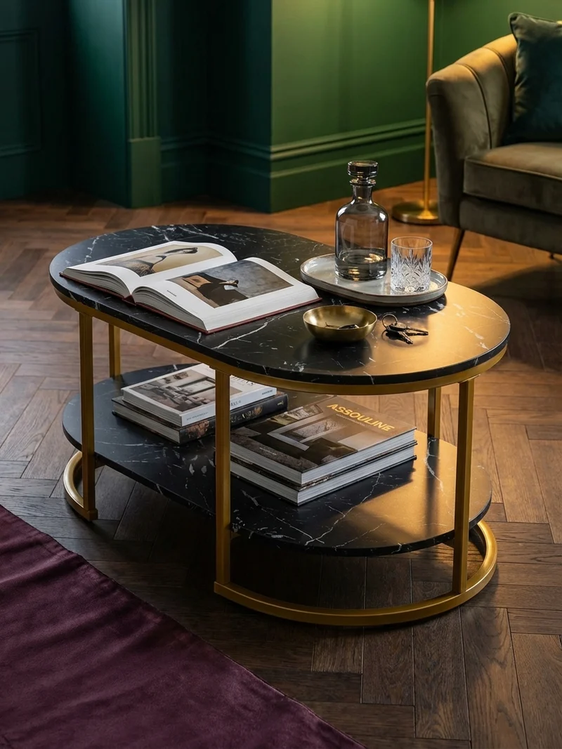 Couchtisch mit Marmor Optik, rechteckig, Ablage, goldenes Metallgestell